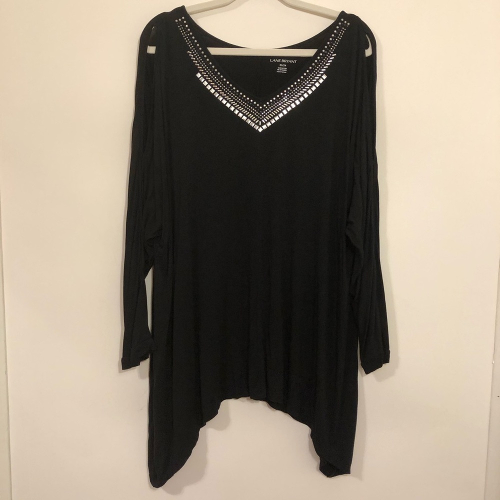 Lane Bryant black long sleeve V neck tee shirt with bead detail